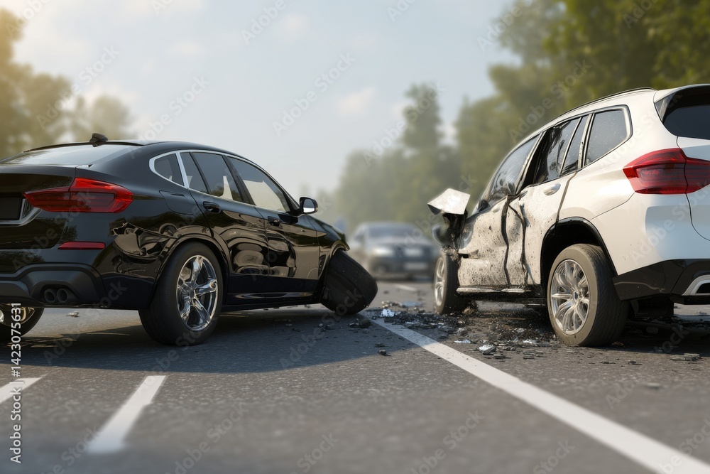 Two damaged SUVs in a collision on a city road with shattered glass and crumpled metal after an accident Two damaged SUVs in a collision on a city road with shattered glass and crumpled metal after an accident