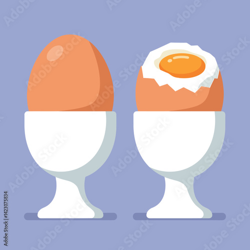 Soft boiled eggs in white egg cups simple breakfast food vector illustration 