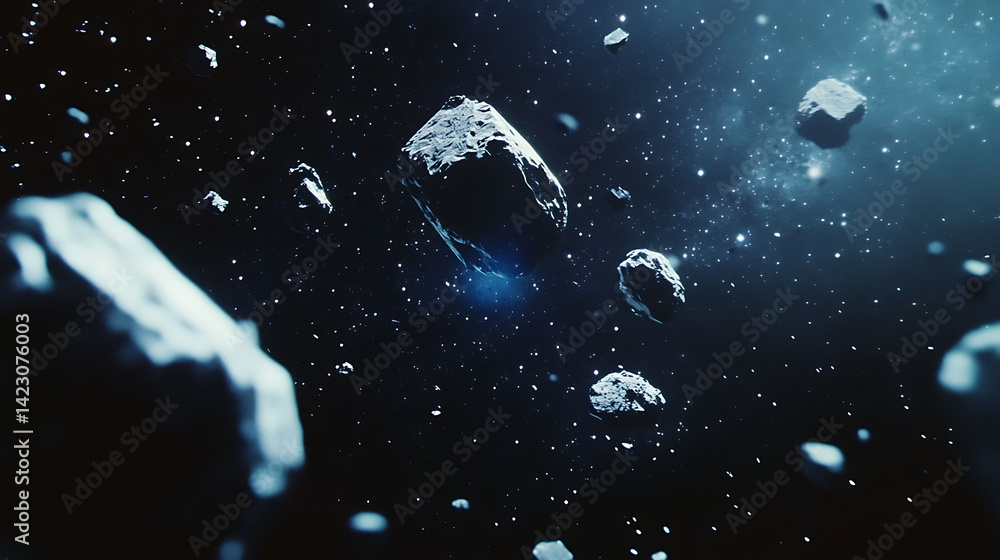 Fototapeta premium Beautiful cosmic vista showcasing a rich asteroid belt glimmering in a dark space background