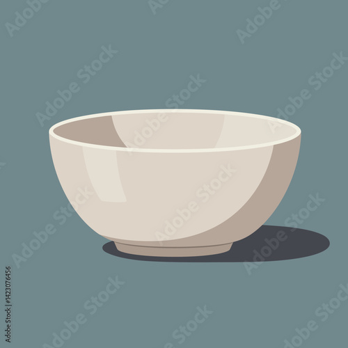 Simple white ceramic bowl illustration on muted blue background with shadow vector graphic design 