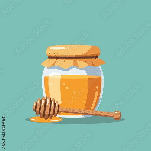 Honey jar with wooden dipper vector illustration on teal background showing sweet golden honey spread natural food 