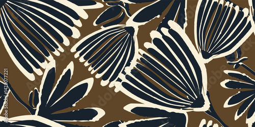 Abstract Сontemporary Seamless Pattern with Leaves and Flowers in Trendy Boho Style. Vector Botanical Texture. Seamless Pattern for Scandinavian Design. Modern Trendy Collage Template