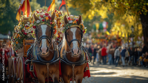 Traditional Horse-Drawn Beer Wagon at Oktoberfest Munich – Bavarian Brewery Parade with Decorated Horses and Beer Barrels