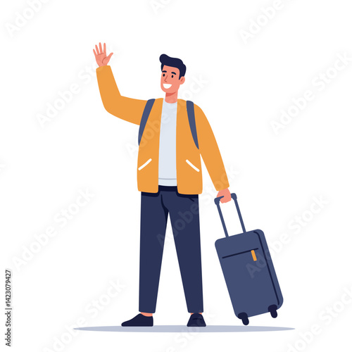 Young man waving hand with suitcase and backpack casual travel vector illustration for journey and tourism concepts 