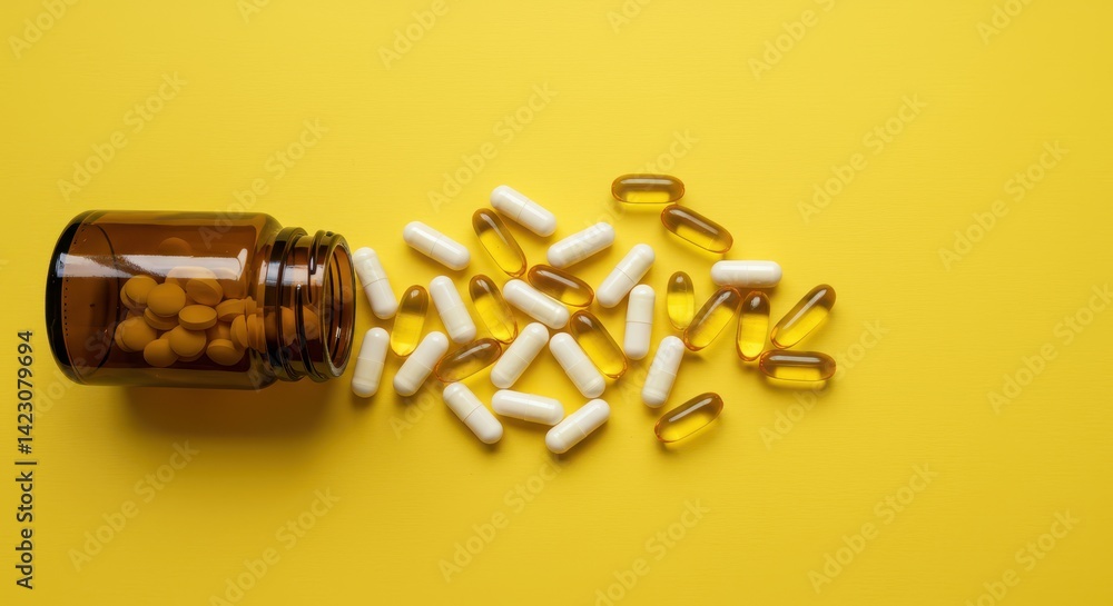 A vibrant flat lay of yellow and white tablets spilling from an amber bottle on a yellow background A vibrant flat lay of yellow and white tablets spilling from an amber bottle on a yellow background