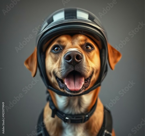A dog with a helmet with amazing look, cute dog image.