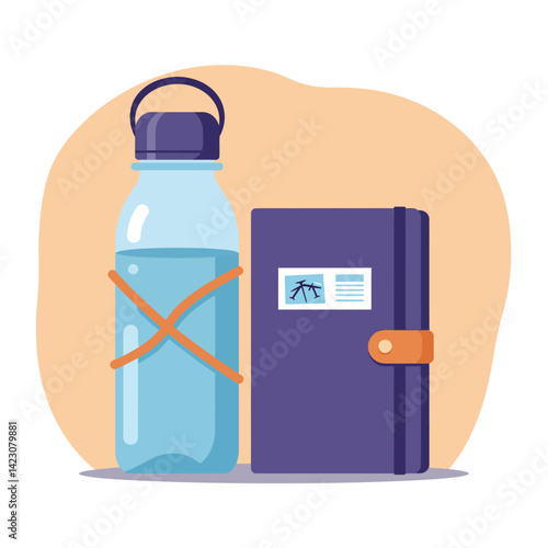 Reusable water bottle with purple notebook illustration for sustainable lifestyle and daily hydration habits