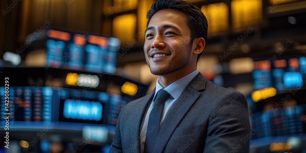Fototapeta premium A man is smiling in front of a large screen with the letters J919 on it