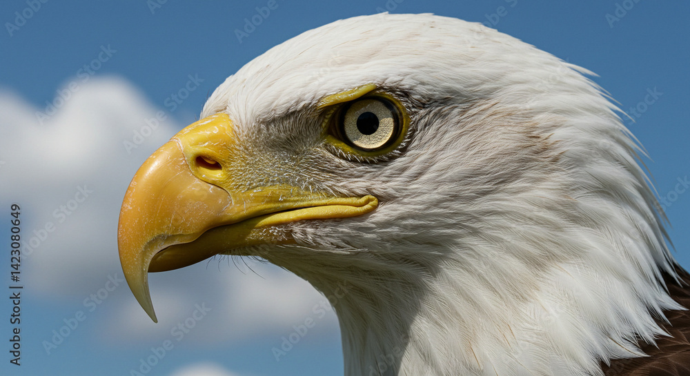 Fototapeta premium Eagle Profile Close-up Against Blue Sky and White Clouds