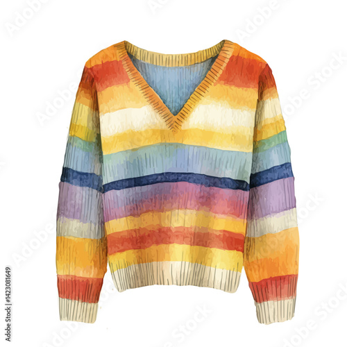 Striped Sweater With A V-neck, vector watercolor illustration, isolated on a white background.