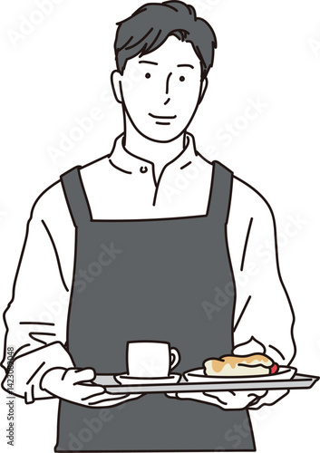 エプロン姿のカフェの男性店員のイラスト
