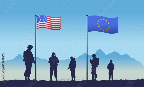 United States European Union trade war soldiers confrontation military standoff flags mountain landscape blue background banner