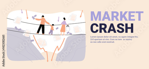 Family walking tightrope market crash concept financial crisis falling money documents downward arrows abstract background website banner