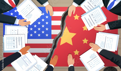 Trade war United States China flags business conflict negotiation table crack documents hands suits tariffs war