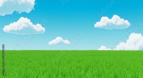Green Grass Field Under Bright Blue Sky with Clouds