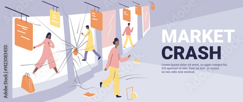 Market crash economic crisis panic people shattered storefronts falling documents broken glass distressed shoppers pastel colors modern flat banner template
