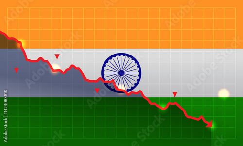 India flag trade war tariffs war economic decline red downward graph financial crisis grid background stock market crash concept