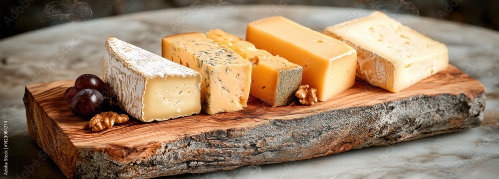 Fototapeta premium An assortment of aged cheeses is artfully arranged on a wooden board, accompanied by walnuts and grapes, showcasing different textures and colors for a delightful tasting experience