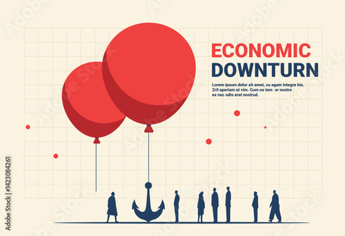 Economic downturn trade war tariffs war concept red balloons lifting anchor people grid background financial crisis business impact metaphor