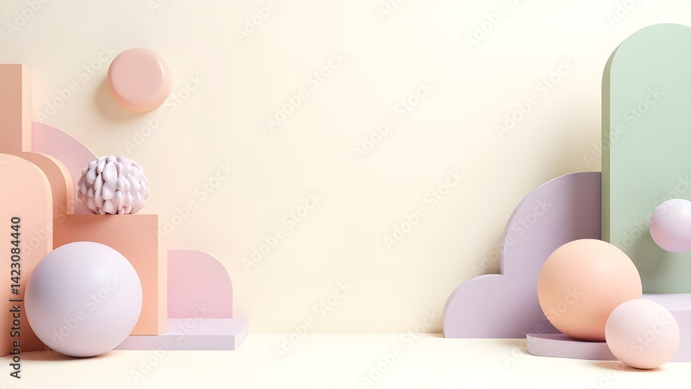 Fototapeta premium A modern 3D artwork combining organic leaves and abstract geometric forms in a balanced, clean layout. Suitable for presentation backgrounds, packaging templates, social media stories, and stationery 