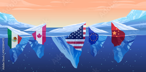 Trade war tariffs war flags United States China European Union Canada Mexico icebergs ocean conflict concept