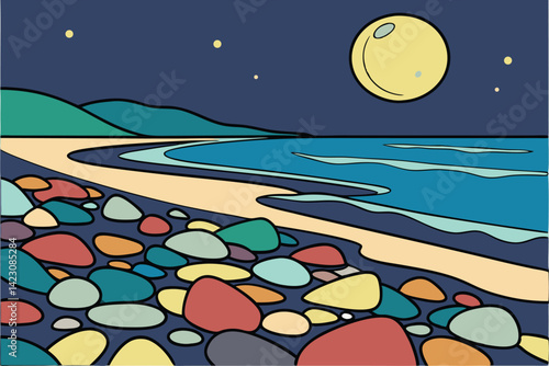 Moonlit Beachscape Vibrant Nighttime Coastal Illustration