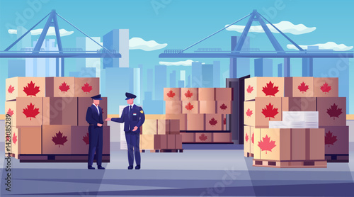 Canadian customs officers trade war tariffs war cargo inspection shipping containers maple leaf flag port cityscape warehouse export import logistics