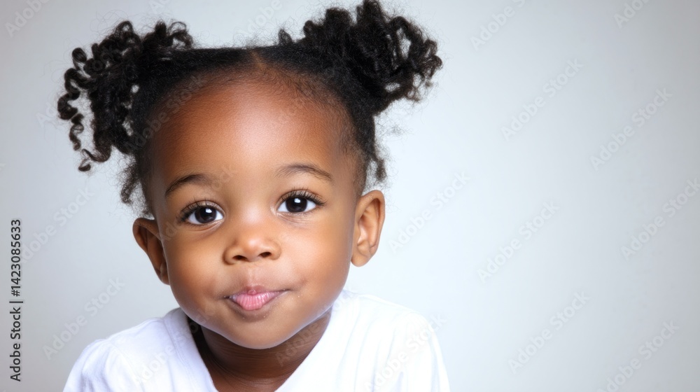 A young girl with beautiful curly hair beams with joy, showcasing her playful spirit in a simple indoor setting that emphasizes her delightful expression and charm