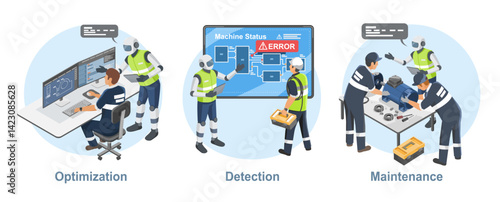 AI Integration in Industrial Operations Optimization Error Detection and Predictive Maintenance in a Smart Factory Environment isometric cartoon