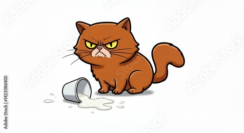 Angry ginger cat spilled milk cartoon illustration