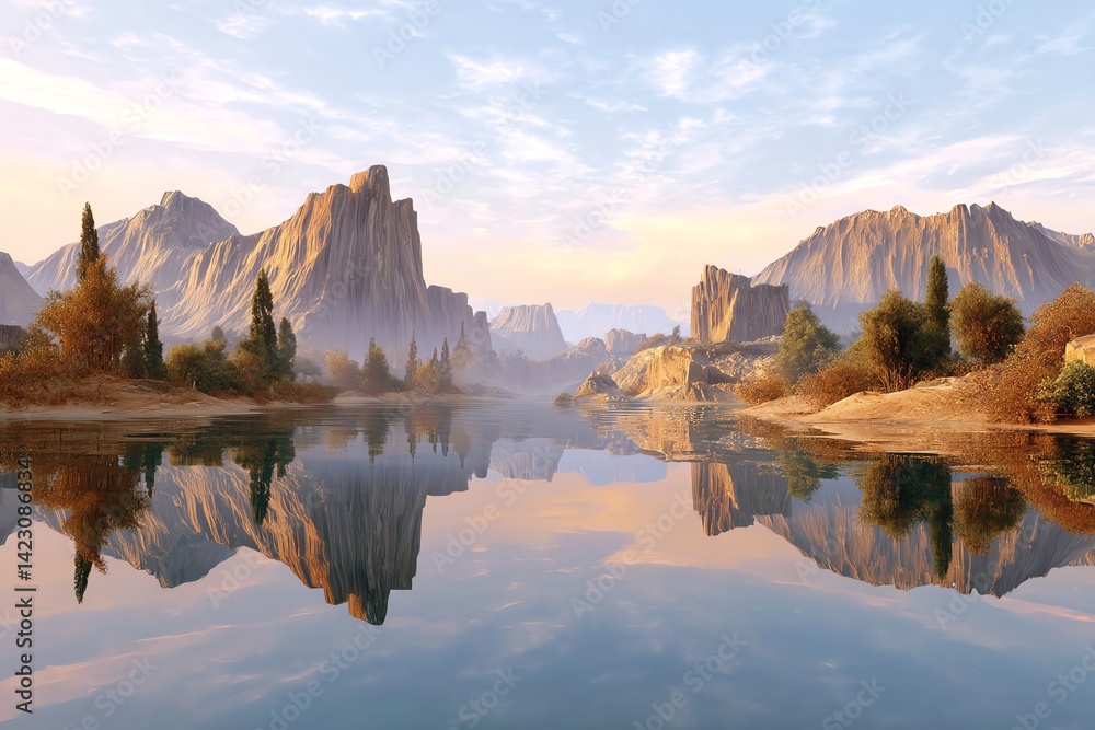 Fototapeta premium Serene landscape with mountains and reflective water.