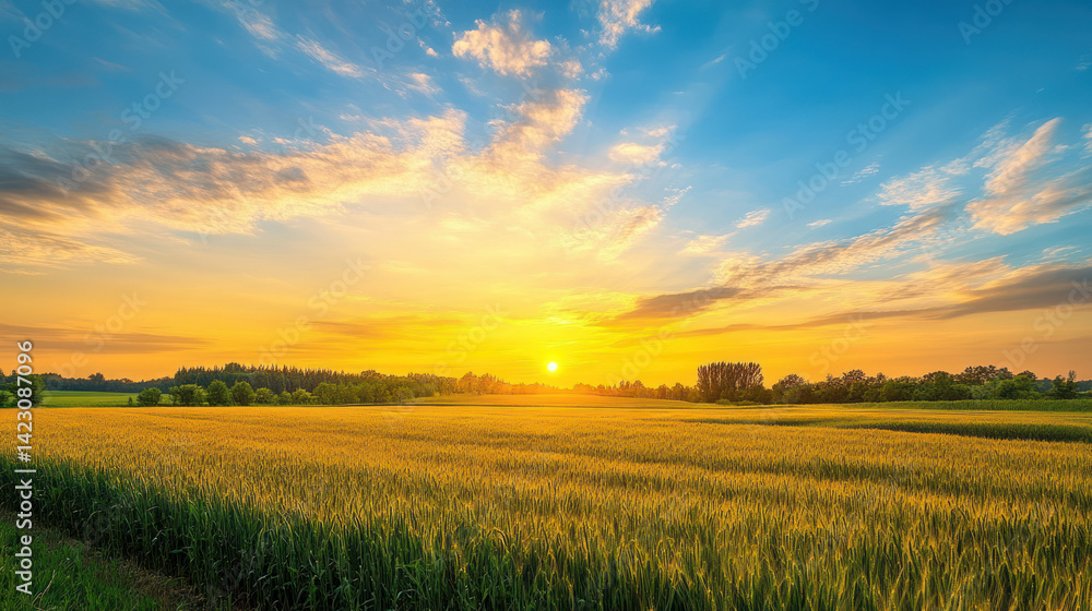 A Golden Sunset Over a Vast Field of Grain with Trees A Golden Sunset Over a Vast Field of Grain with Trees