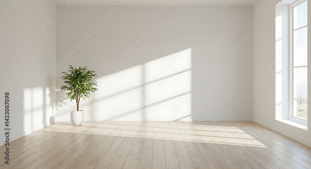 Fototapeta premium Bright Room with Plant and Sunlight Through Window