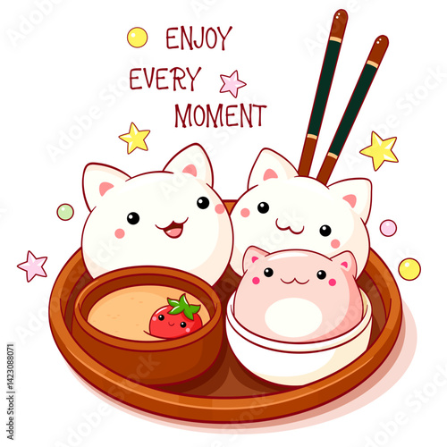 Cute cat-shaped dessert in kawaii style.Traditional Chinese animal-shaped mantou buns on dish. Inscription Enjoy every moment. Can be used for t-shirt print, sticker, greeting card. Vector EPS8