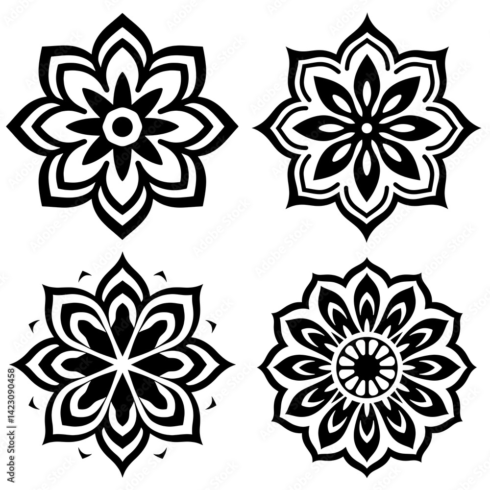 Obraz premium Set of Black and White Mandala Designs – Intricate Floral Geometric Vector Ornaments. set of floral elements set of floral design elements set of vector floral elements