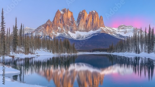 Majestic mountains mirrored on icy waters in a winter wonderland