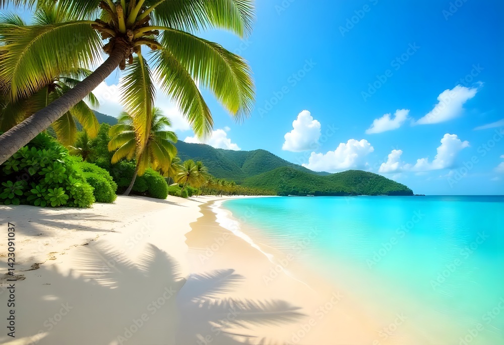 Tropical Beach with Palm Trees, Golden Sand, and Blue Ocean on a Sunny Day Tropical Beach with Palm Trees, Golden Sand, and Blue Ocean on a Sunny Day