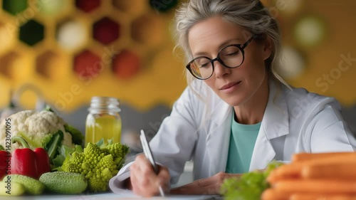 Focused Dietitian Writing with Fresh Vegetables on Table. A professional woman in a white coat notes dietary advice, surrounded by vibrant veggies and a honeycomb backdrop.