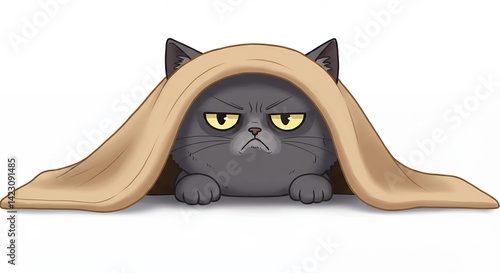 Grumpy cat under blanket cute cartoon pet illustration