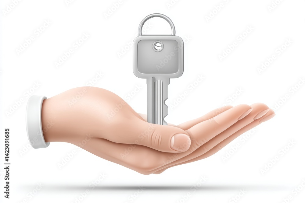 A flat icon of a hand holding a digital key A flat icon of a hand holding a digital key