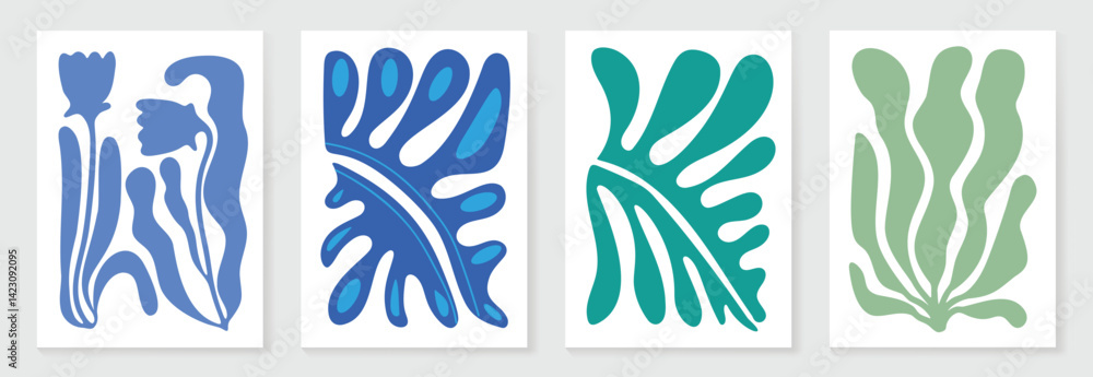 Fototapeta premium Botanical doodle background art vector set. Flower and leaves abstract shape doodle art design for print, wallpaper, clipart, wall art for home decoration.