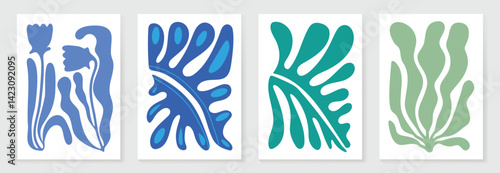 Botanical doodle background art vector set. Flower and leaves abstract shape doodle art design for print, wallpaper, clipart, wall art for home decoration.