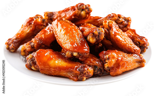 Delicious barbecue chicken wings isolated on transparent background, glazed spicy chicken drumettes and flats, hot saucy crispy wings
