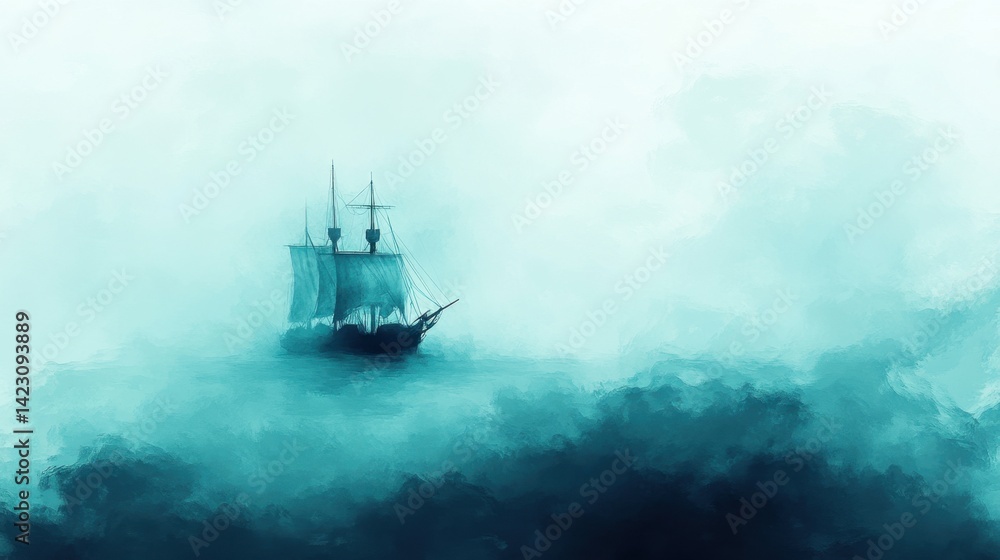 Obraz premium Dramatic scene of a pirate ship braving the stormy ocean waves under dark and choppy skies with tension in the air