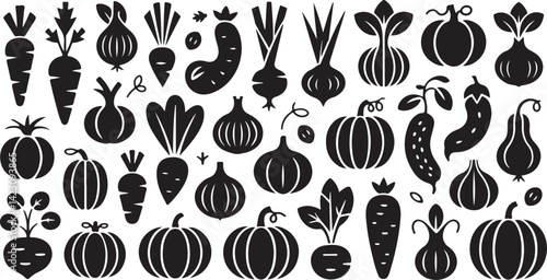 Vegetable Silhouette Vector Pack with Carrot Potato Icons in Black Minimal Style