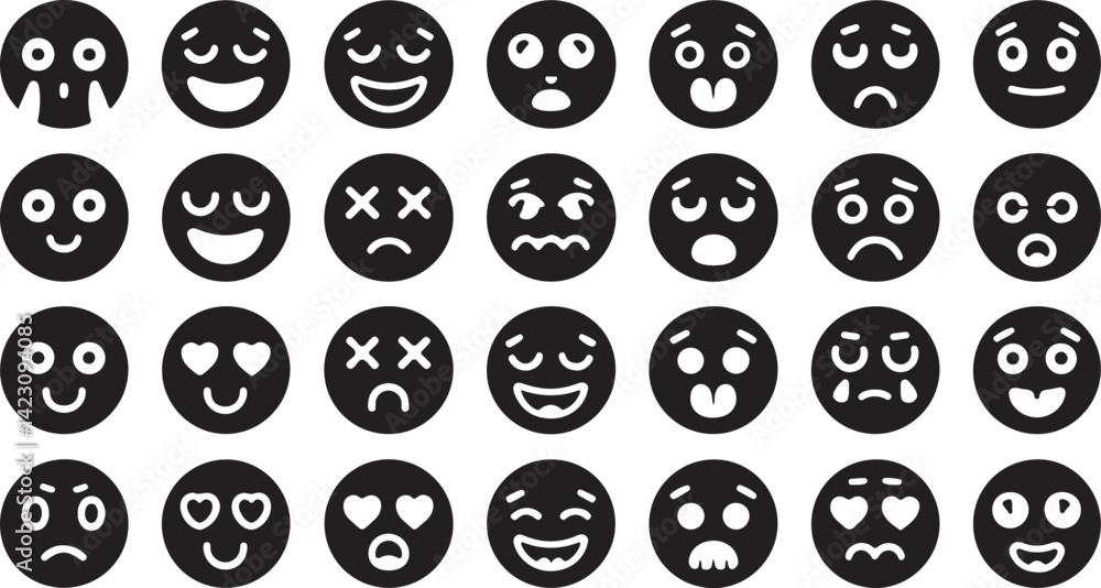 Emoji Silhouette Vector Collection with Emotion Face Icons in Black Minimal Style Emoji Silhouette Vector Collection with Emotion Face Icons in Black Minimal Style