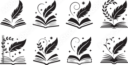 Open Book Quill Silhouette Vector Set with Writing Knowledge Icons in Black Minimal