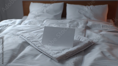 Freshly made bed featuring a crisp white sheet of paper placed neatly alongside a warm welcome card for guests