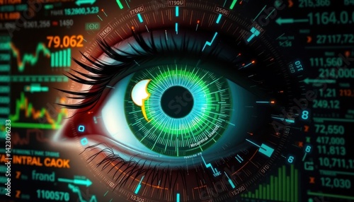 Digital eye overlooking stock data streams, futuristic finance concept design