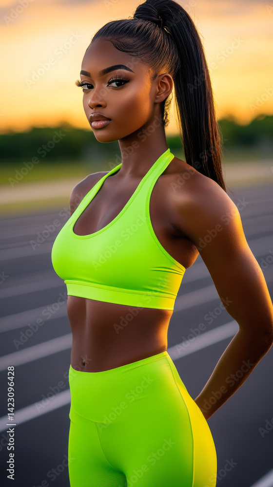 A sporty woman in neon green activewear, standing confidently on a running track at sunrise with a glowing sky in the background